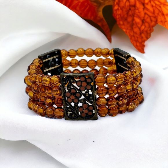 Autumn Bracelet Vintage Genuine Amber Bead Enamel Flowers Brass Filigree Stretch - Picture 1 of 10
